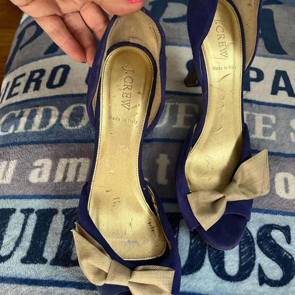 J. Crew Women's Navy Peep Toe Heels with Beige Bow